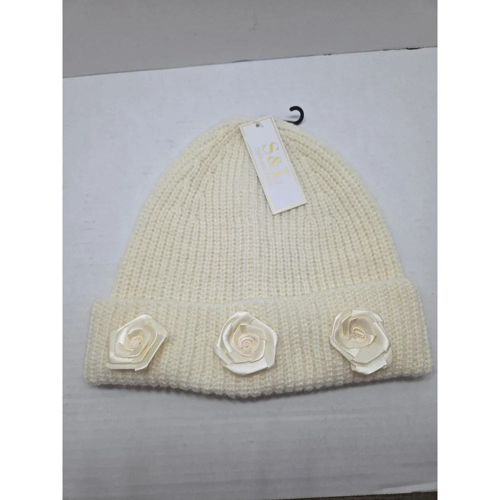 S&L Style and Luxe Cream Knit Beanie Satin Rose Rosette Winter Hat Ivory OS